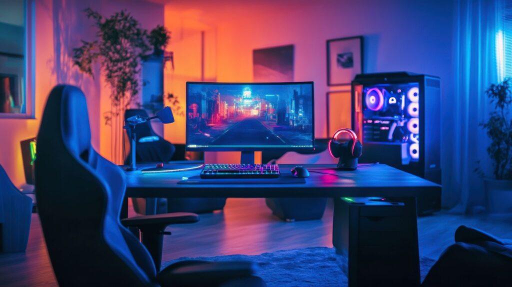 Stylish home gaming station featuring a curved monitor, backlit mechanical keyboard, RGB-lit PC tower, and gaming chair in a neon-lit room.