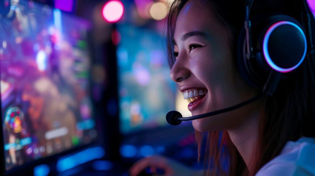 Smiling woman with a gaming headset playing a PC game on provided servers RGB lights illuminating her face and screen in a vibrant gaming setup.