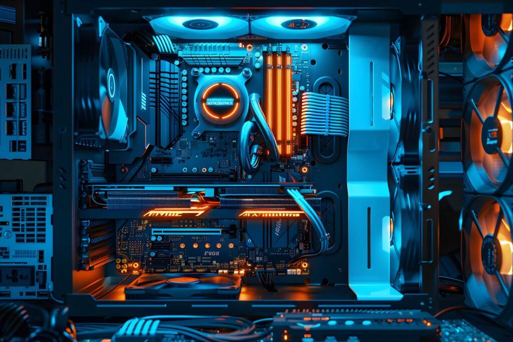 Inside view of a server-ready gaming PC showing GPU, motherboard, cooling fans, and cable management with blue and orange LED lighting.